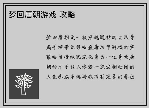 梦回唐朝游戏 攻略