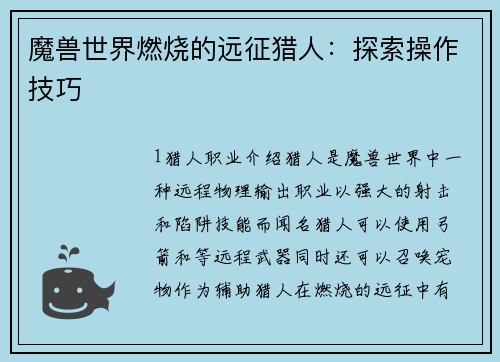 魔兽世界燃烧的远征猎人：探索操作技巧